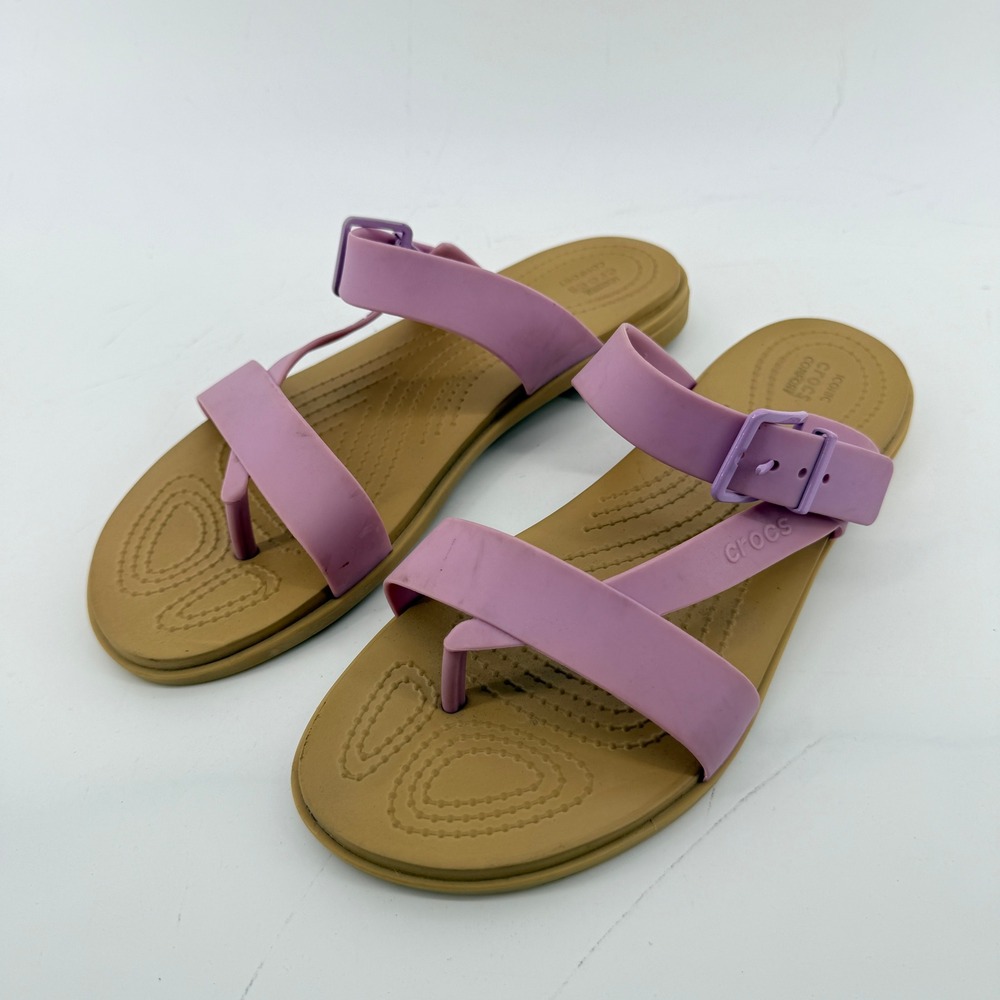 Crocs Tulum Toe Post Sandal Metallic Pink Clay Tan Women 7 Slip On Buckle